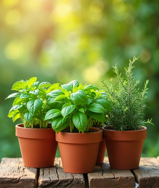 Fresh herb plants in terracotta pots