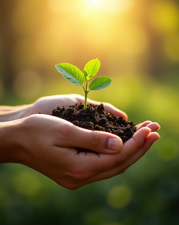 Hands holding a young seedling